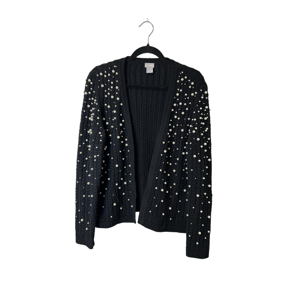 Chico's Black Pearl Embellished Cable Knit Cardigan Sweater Size 1 Medium